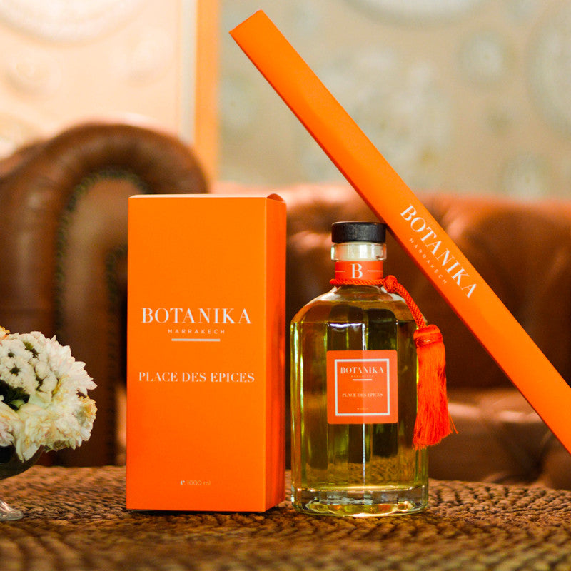 Botanika Marrakech Place des Épices luxury reed diffuser bottle on display